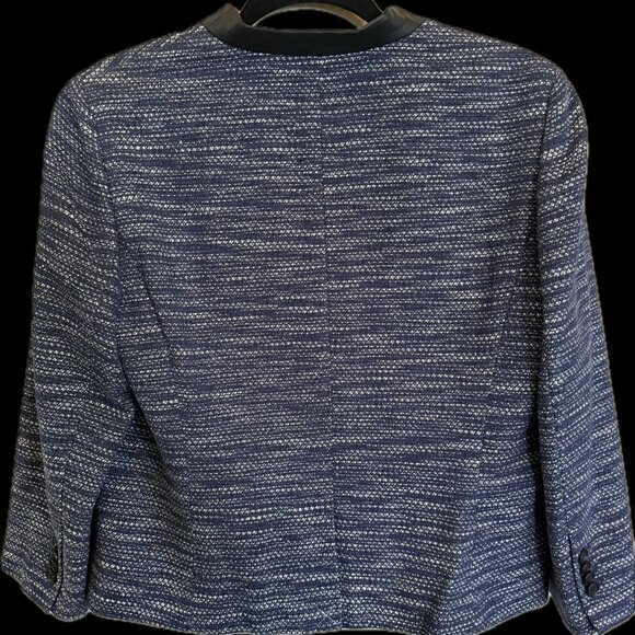Ann Taylor Woman's 12P Blazer, Blue & Black Tweed(Woven) w/ Black Leather Accent - Picture 2 of 3